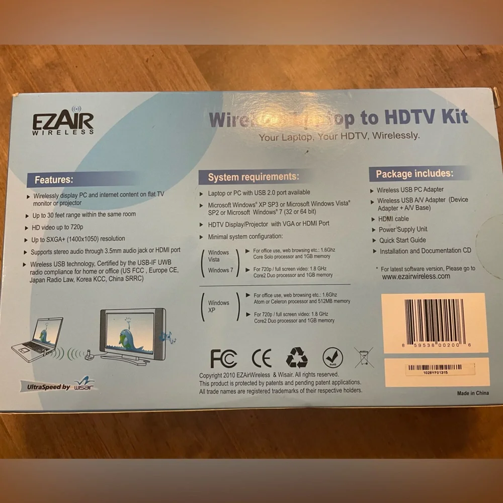EzAir wireless laptop to HDTV kit. Never used. In box.